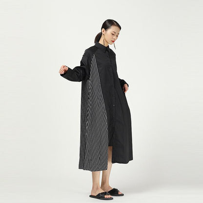 Stripe Cropped Splicing Polka Dot Shirt Midi Dress