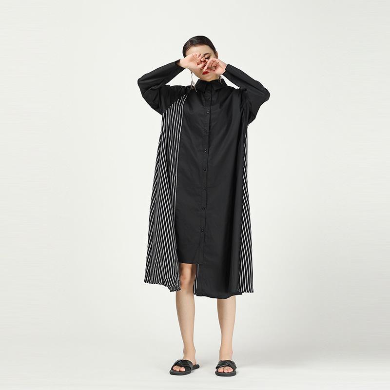 Stripe Cropped Splicing Polka Dot Shirt Midi Dress