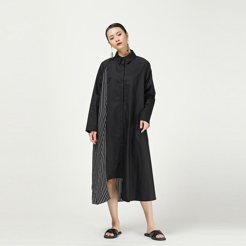 Stripe Cropped Splicing Polka Dot Shirt Midi Dress