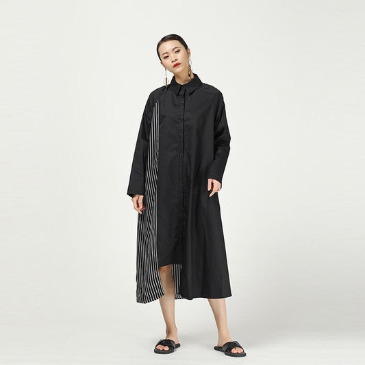 Stripe Cropped Splicing Polka Dot Shirt Midi Dress