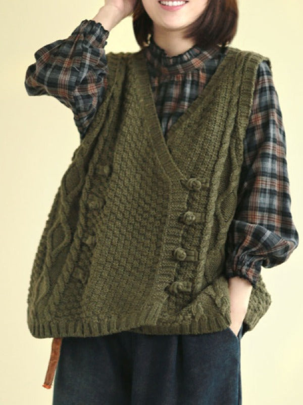 Vintage Loose Button Cropped V-Neck Vest