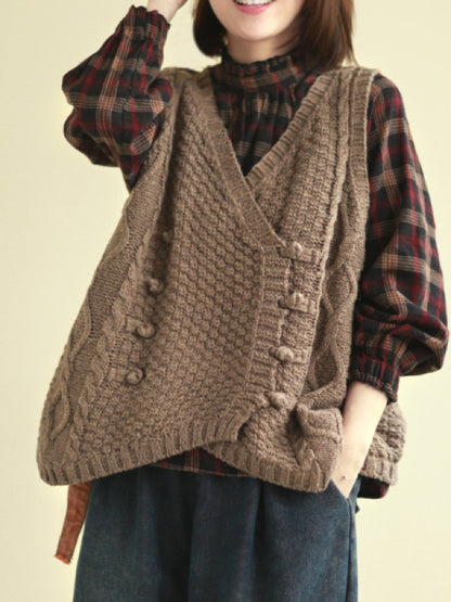 Vintage Loose Button Cropped V-Neck Vest