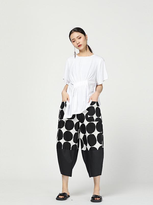 Vintage Dot Cropped Splicing Straight Leg Pants