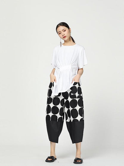 Vintage Dot Cropped Splicing Straight Leg Pants