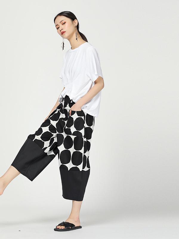 Vintage Dot Cropped Splicing Straight Leg Pants