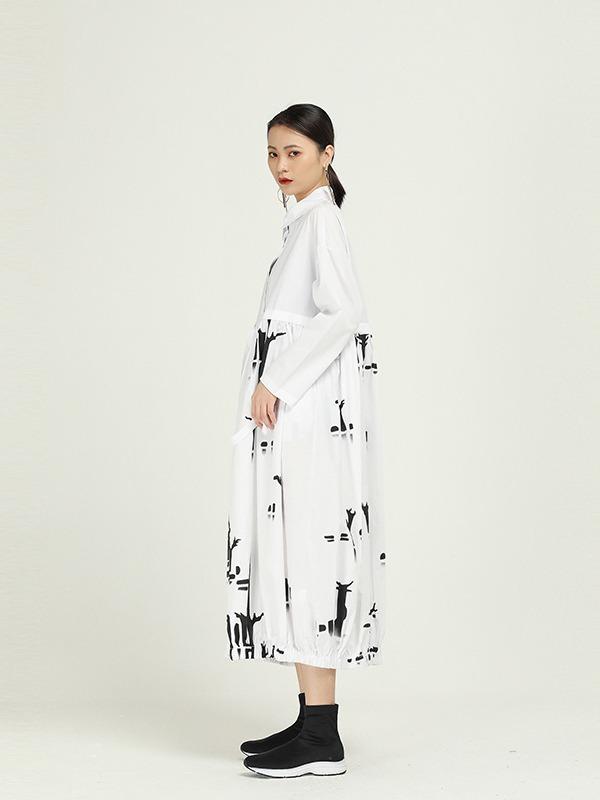 Vintage Splicing Print Drawstring Dress