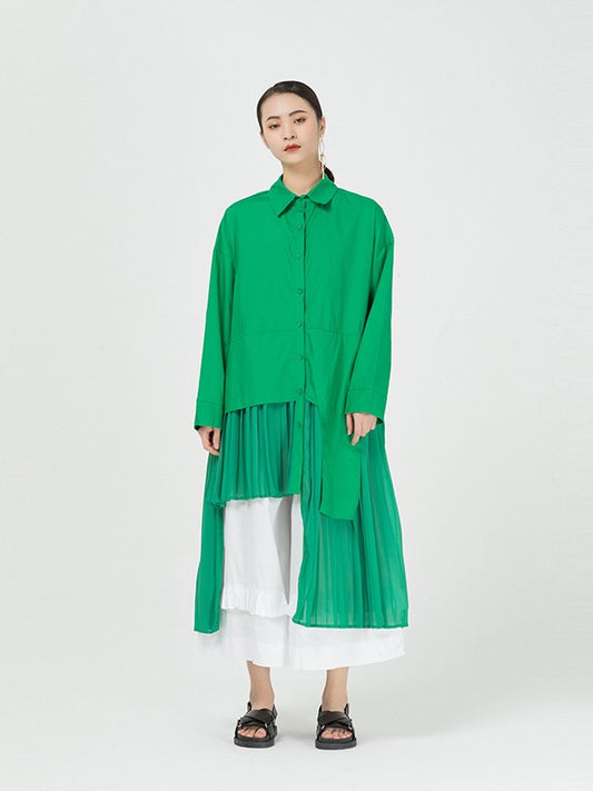 Cropped Splicing Pleated Shirt Midi Dress