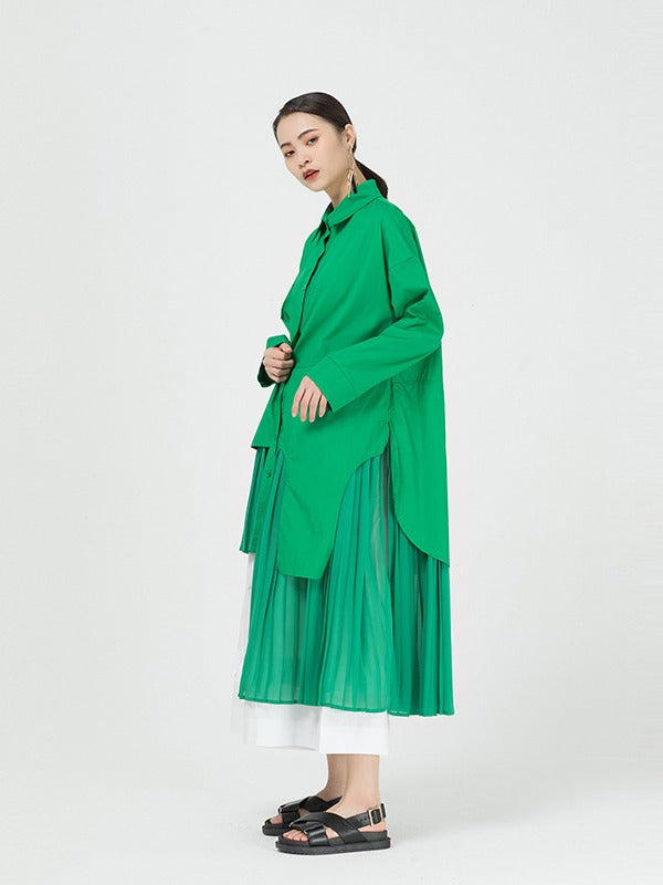 Cropped Splicing Pleated Shirt Midi Dress