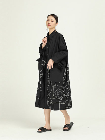Loose Cropped Graffiti Print Splicing Shirt Dress