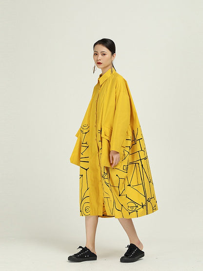 Loose Cropped Graffiti Print Splicing Shirt Dress