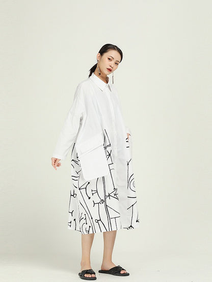 Loose Cropped Graffiti Print Splicing Shirt Dress