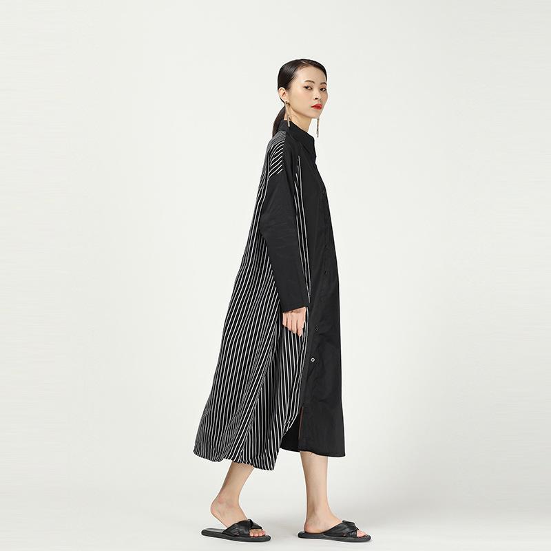 Stripe Cropped Splicing Polka Dot Shirt Midi Dress