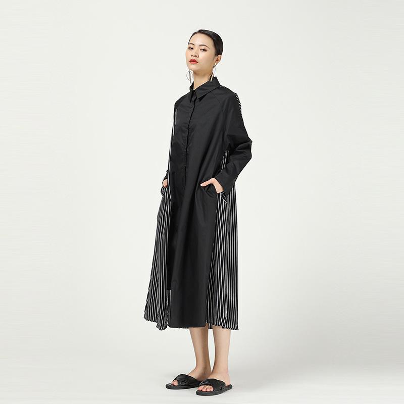 Stripe Cropped Splicing Polka Dot Shirt Midi Dress