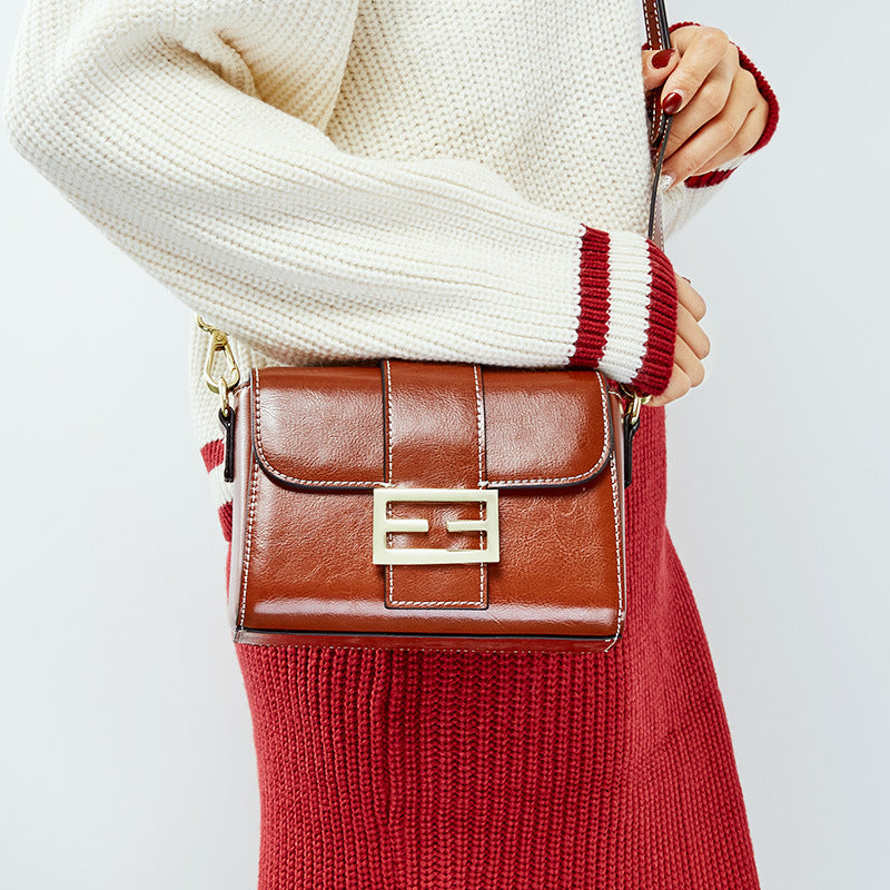 Leather bag, single shoulder bag, women's fashion personality, small square bag