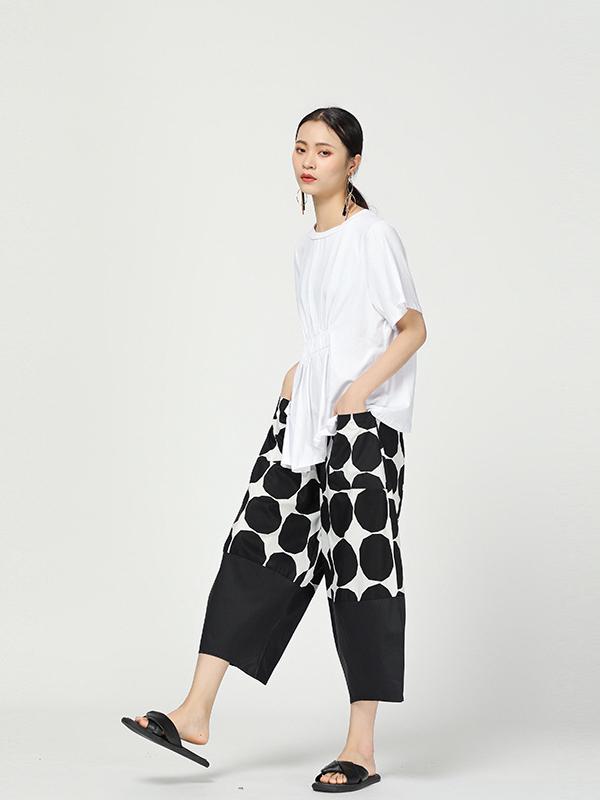 Vintage Dot Cropped Splicing Straight Leg Pants