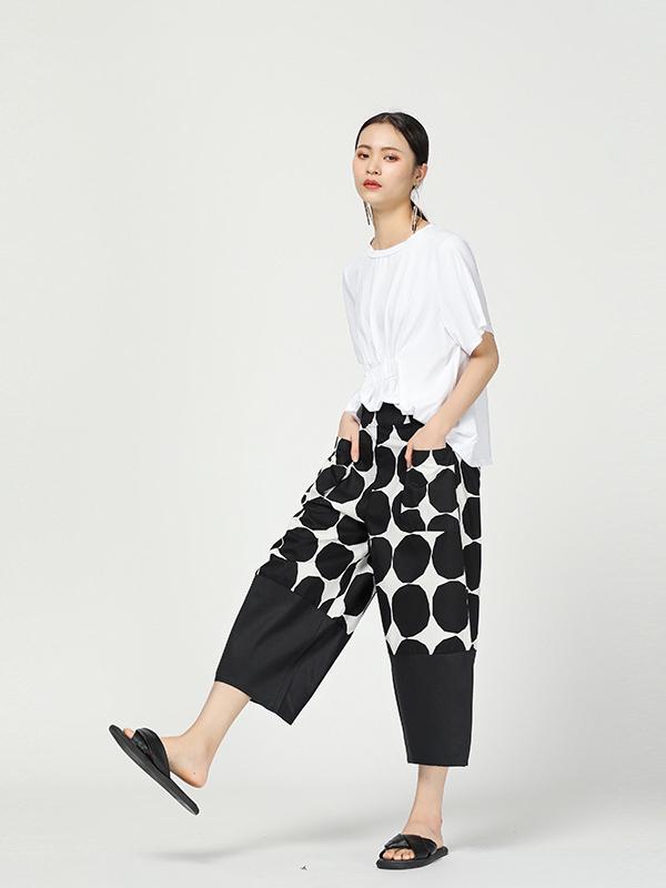 Vintage Dot Cropped Splicing Straight Leg Pants
