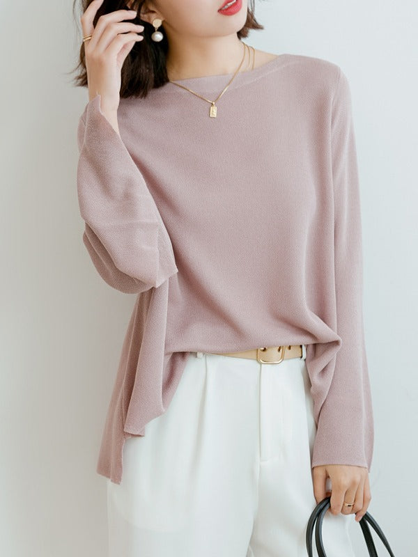 Loose Ice Silk Solid One-Collar Knitted Sweater