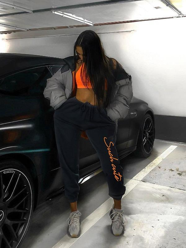 Letter Print Solid Color Athletic Pants ACTIVE WEAR