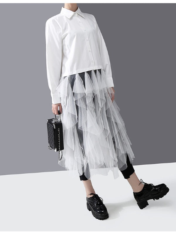 Mesh Lace Split-Joint Solid Shirt