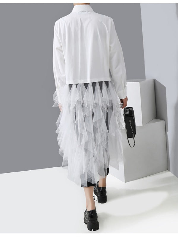 Mesh Lace Split-Joint Solid Shirt