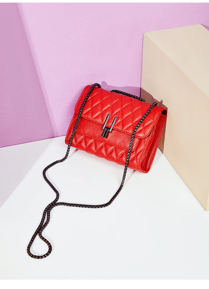 Lingge chain, lychee pattern, head layer, cow leather bag