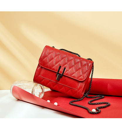 Lingge chain, lychee pattern, head layer, cow leather bag