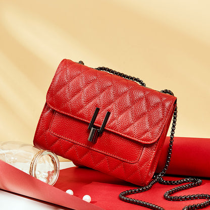 Lingge chain, lychee pattern, head layer, cow leather bag