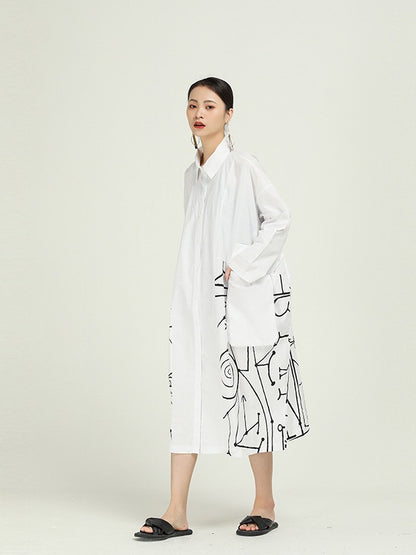 Loose Cropped Graffiti Print Splicing Shirt Dress