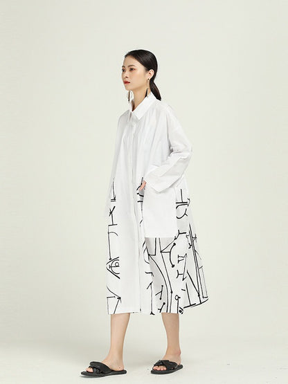 Loose Cropped Graffiti Print Splicing Shirt Dress