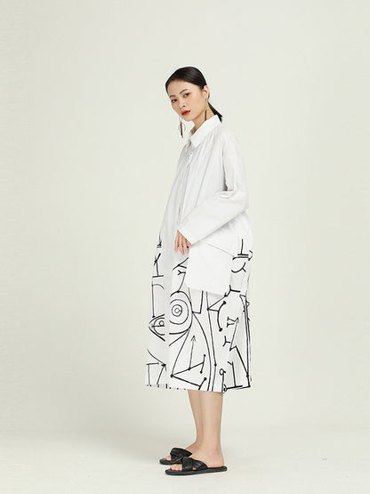 Loose Cropped Graffiti Print Splicing Shirt Dress