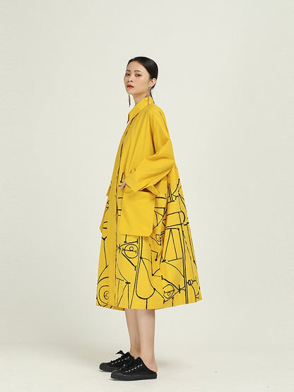 Loose Cropped Graffiti Print Splicing Shirt Dress