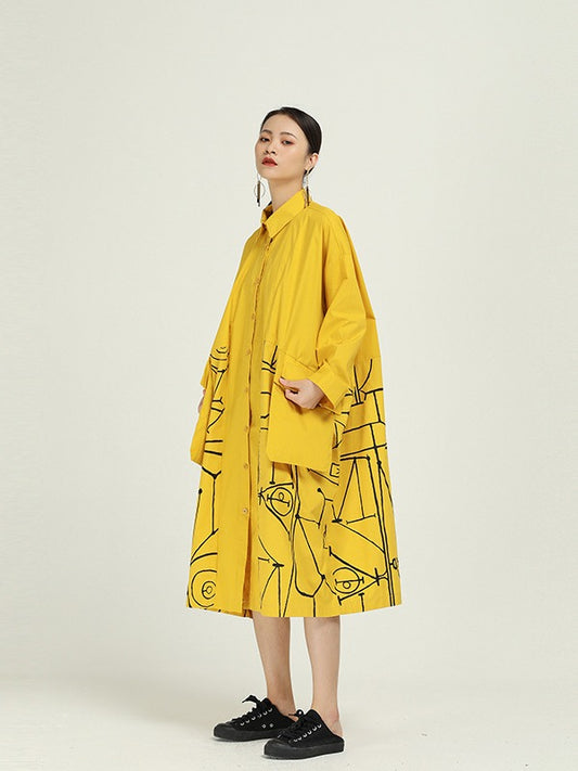 Loose Cropped Graffiti Print Splicing Shirt Dress