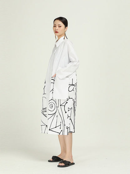 Loose Cropped Graffiti Print Splicing Shirt Dress
