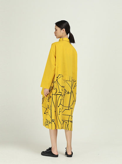 Loose Cropped Graffiti Print Splicing Shirt Dress