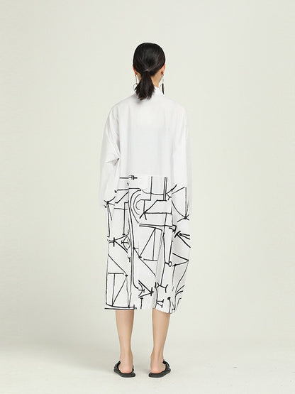 Loose Cropped Graffiti Print Splicing Shirt Dress