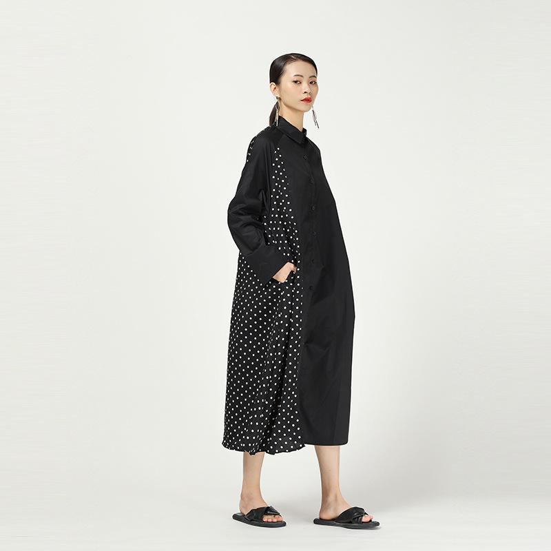 Stripe Cropped Splicing Polka Dot Shirt Midi Dress