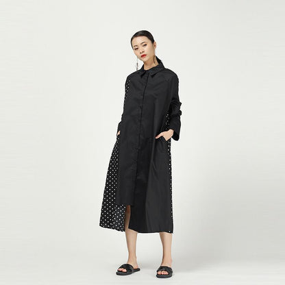 Stripe Cropped Splicing Polka Dot Shirt Midi Dress