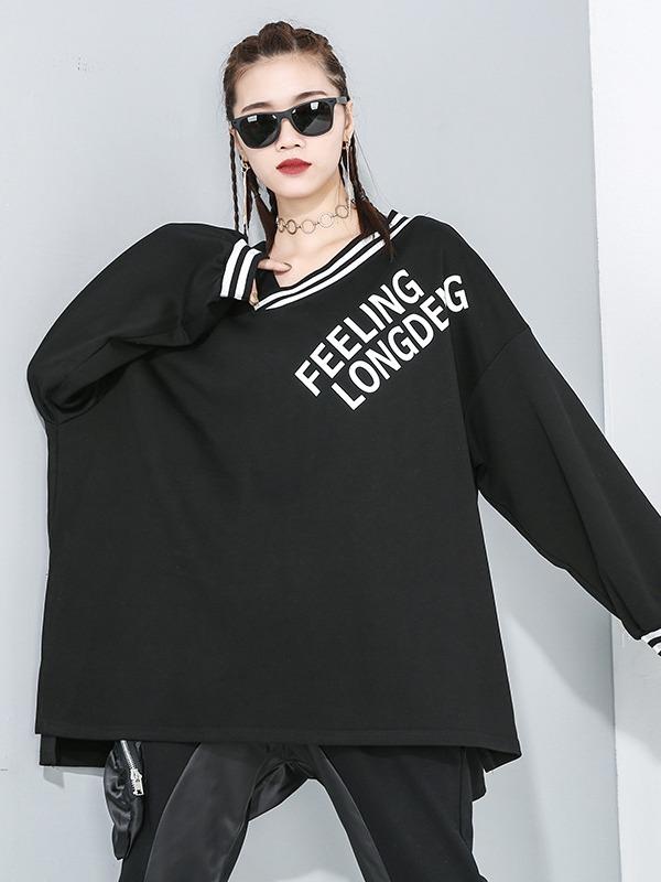 Stylish Loose Cropped Print Stripe V-Neck T-shirt