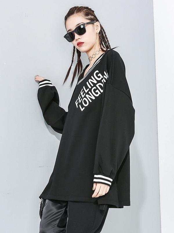 Stylish Loose Cropped Print Stripe V-Neck T-shirt