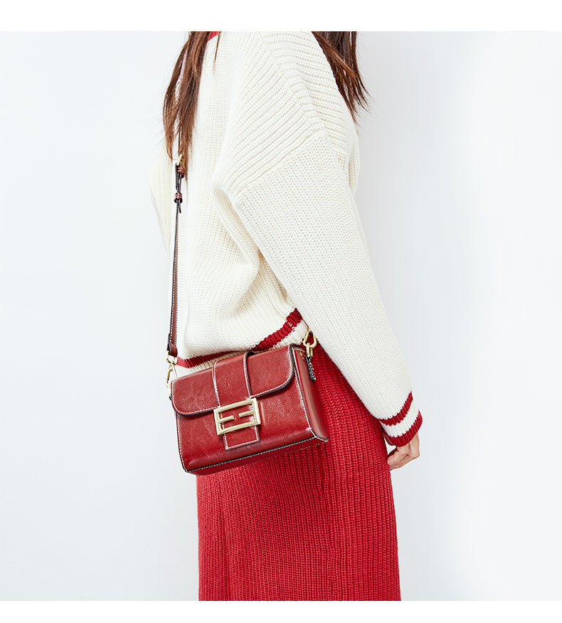 Leather bag, single shoulder bag, women's fashion personality, small square bag