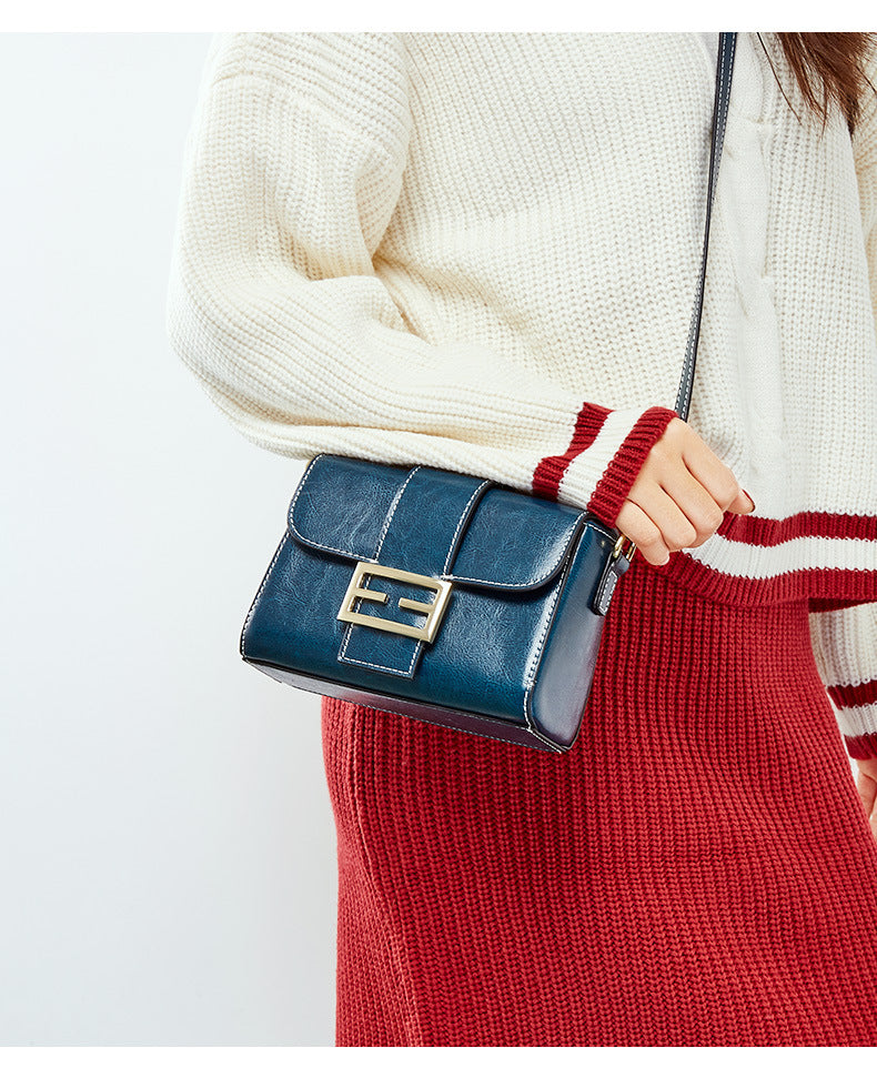 Leather bag, single shoulder bag, women's fashion personality, small square bag