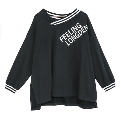 Stylish Loose Cropped Print Stripe V-Neck T-shirt
