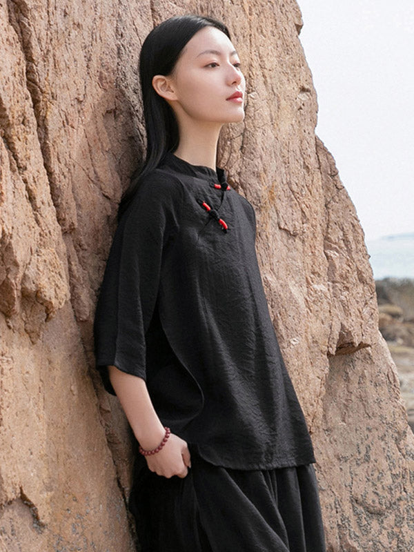 Vintage Tencel Buttoned Stand Collar High-Low Half Sleeves T-Shirt