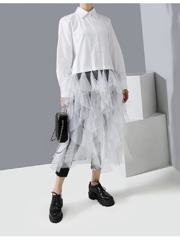 Mesh Lace Split-Joint Solid Shirt