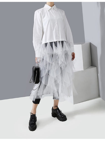 Mesh Lace Split-Joint Solid Shirt