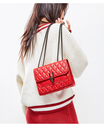 Lingge chain, lychee pattern, head layer, cow leather bag