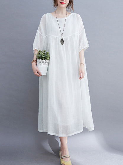 Simple Solid Color Puff Sleeve Midi Dress