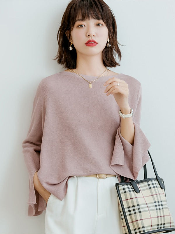 Loose Ice Silk Solid One-Collar Knitted Sweater