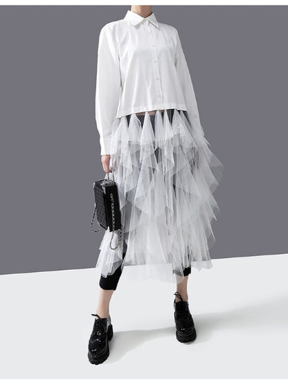 Mesh Lace Split-Joint Solid Shirt