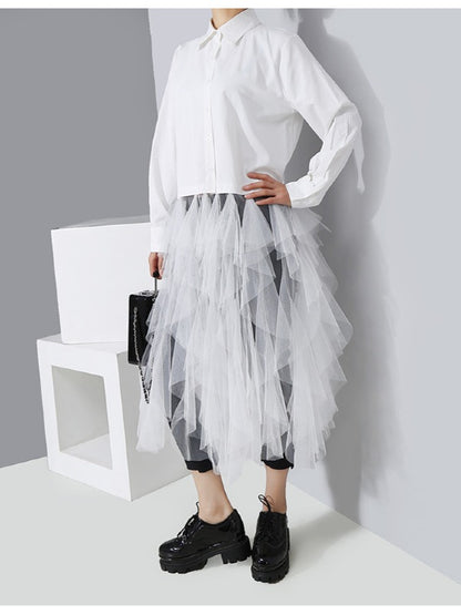 Mesh Lace Split-Joint Solid Shirt